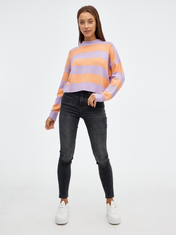 Oversized striped crop sweater lilac front view