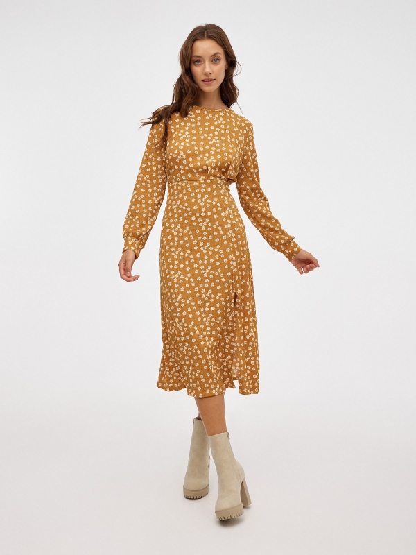 Printed midi dress with slit mustard middle front view