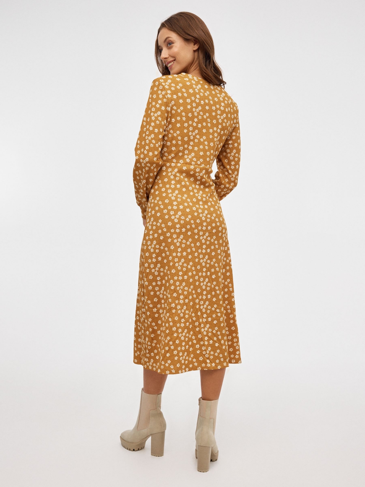 Printed midi dress with slit mustard front view