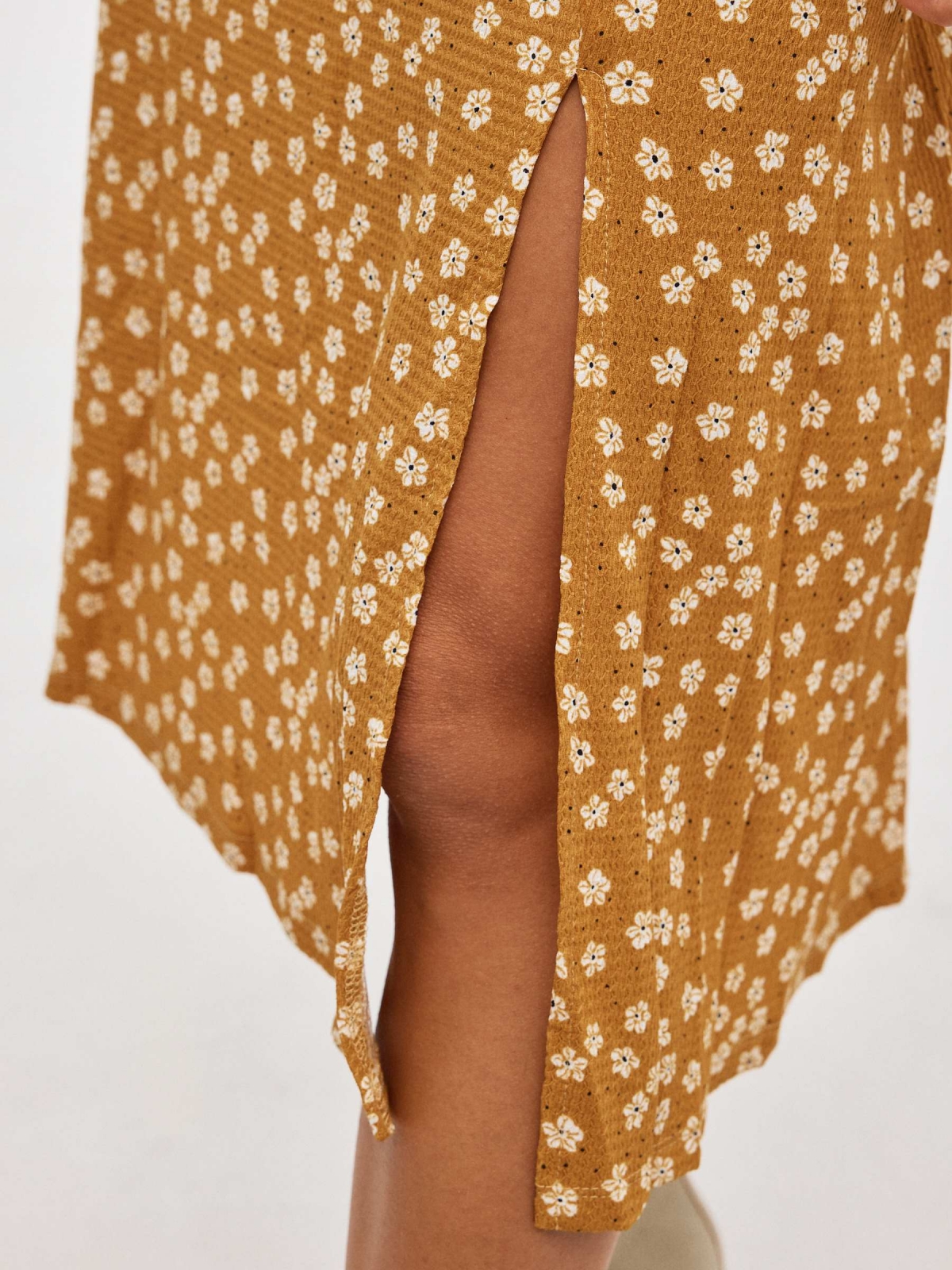 Printed midi dress with slit mustard detail view