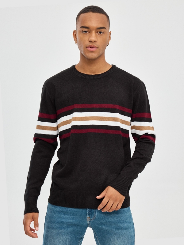 Knitted jumper with stripes black middle front view
