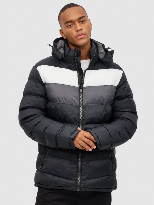 Nylon quilted coat black middle front view