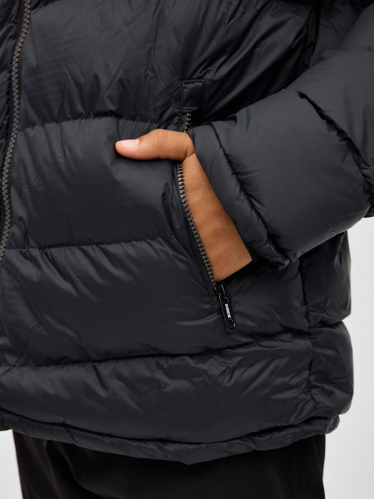 Nylon quilted coat black detail view