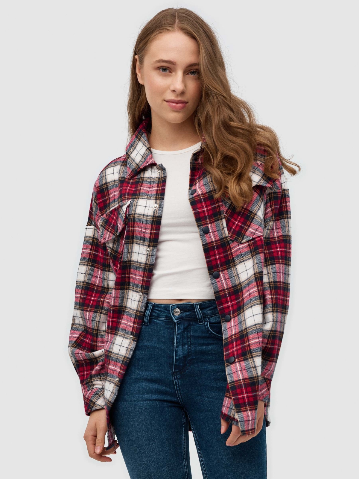 Oversized plaid overshirt red middle front view