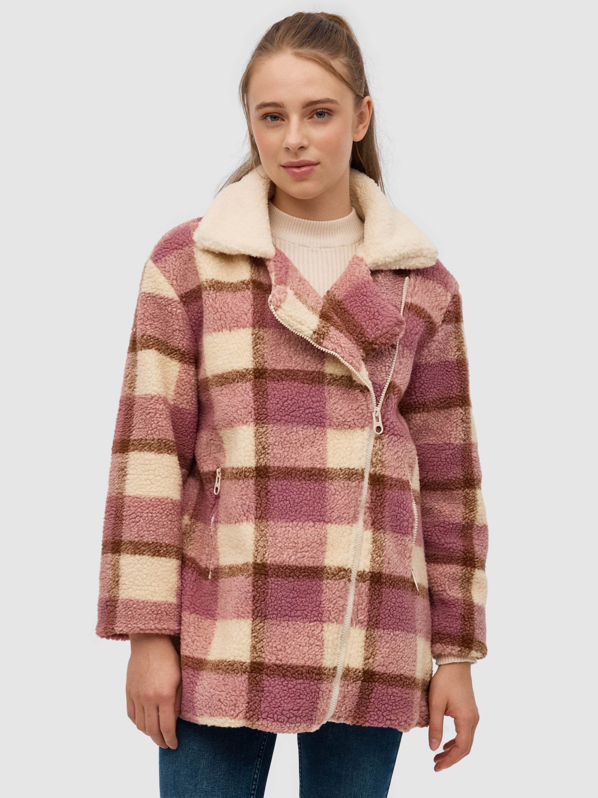 Checked print sheepskin jacket light pink middle front view