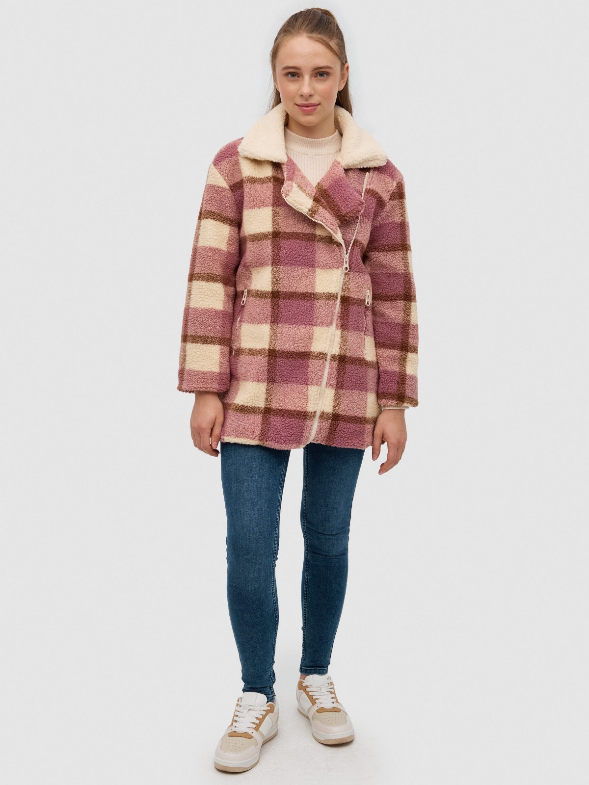 Checked print sheepskin jacket light pink front view