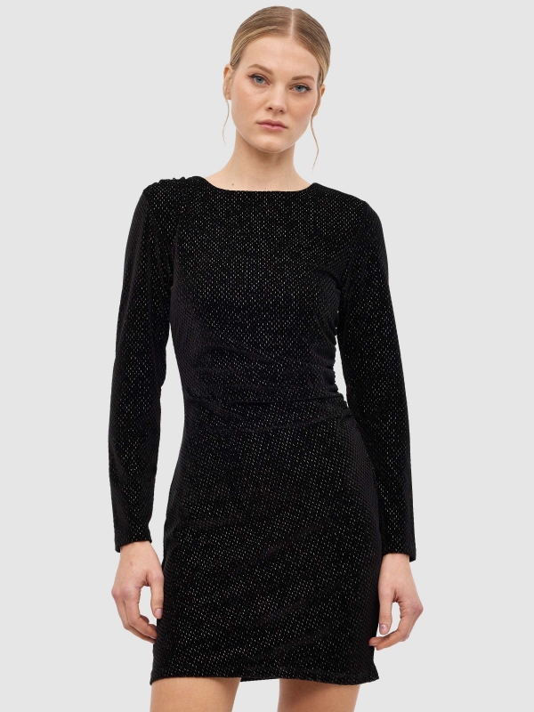 Mini velvet ruffled dress black middle front view