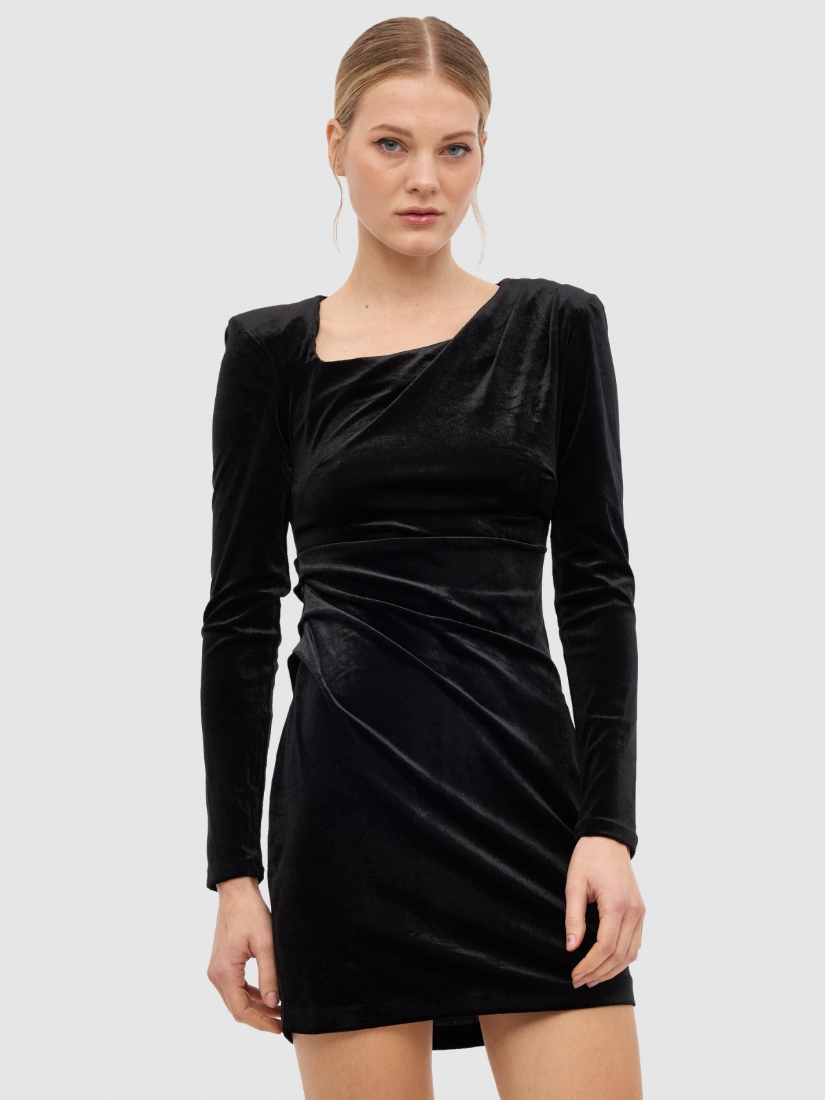 Draped velvet mini dress black middle front view