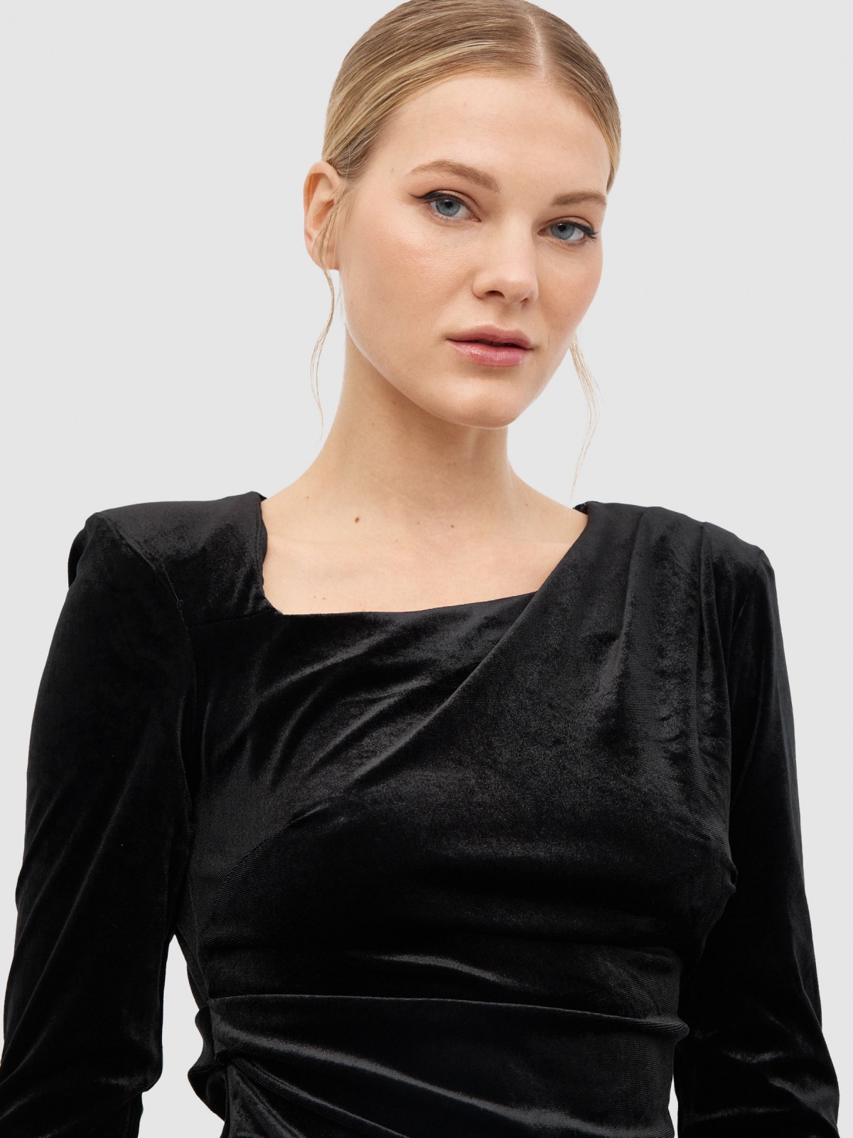 Draped velvet mini dress black detail view