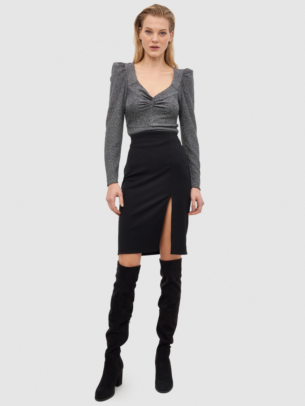 Midi tube skirt with slit black front view