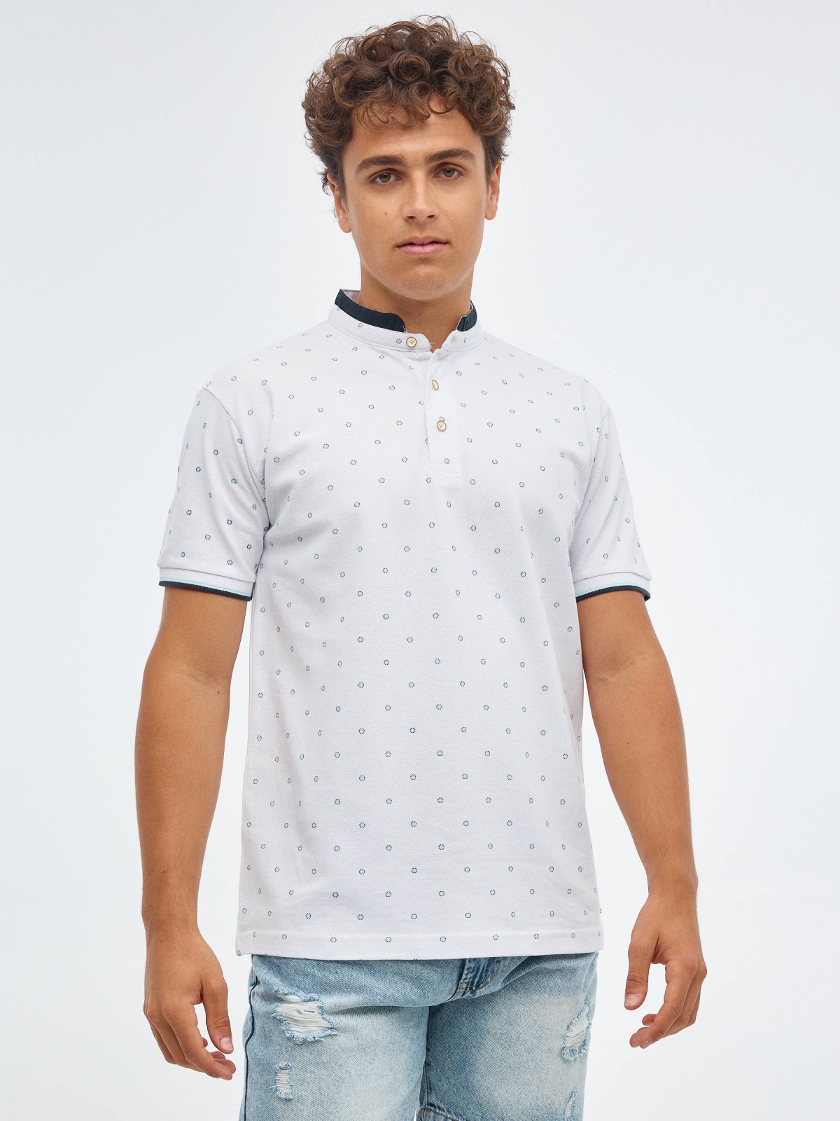 Mandarin collar polo shirt white middle front view