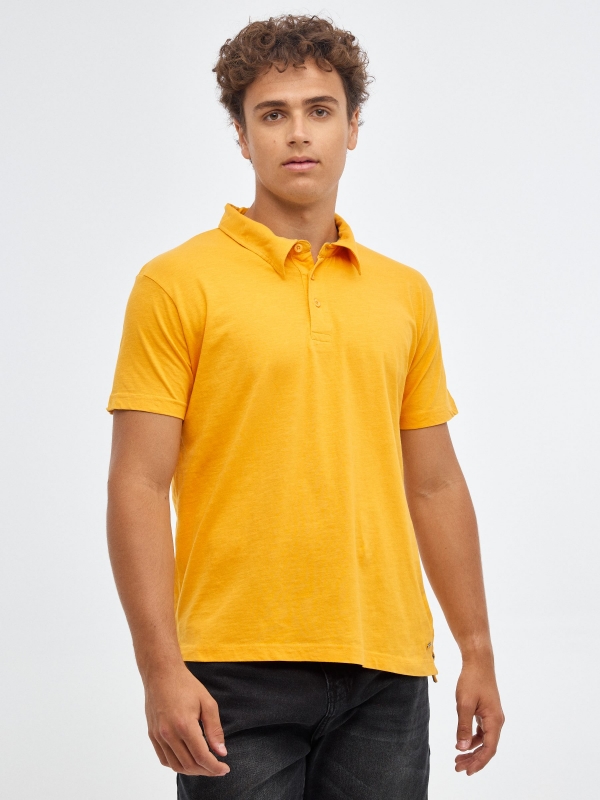 Basic polo shirt classic collar ochre middle front view