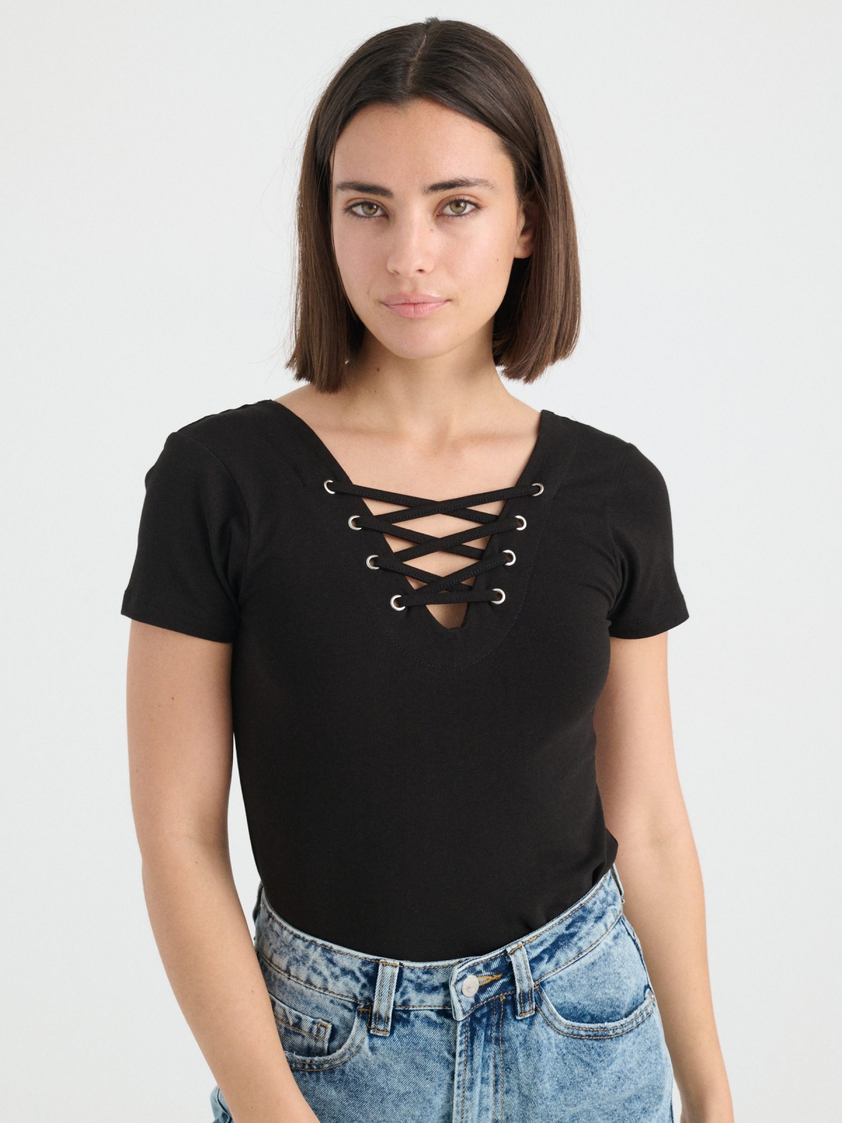 Lace up t-shirt black middle front view