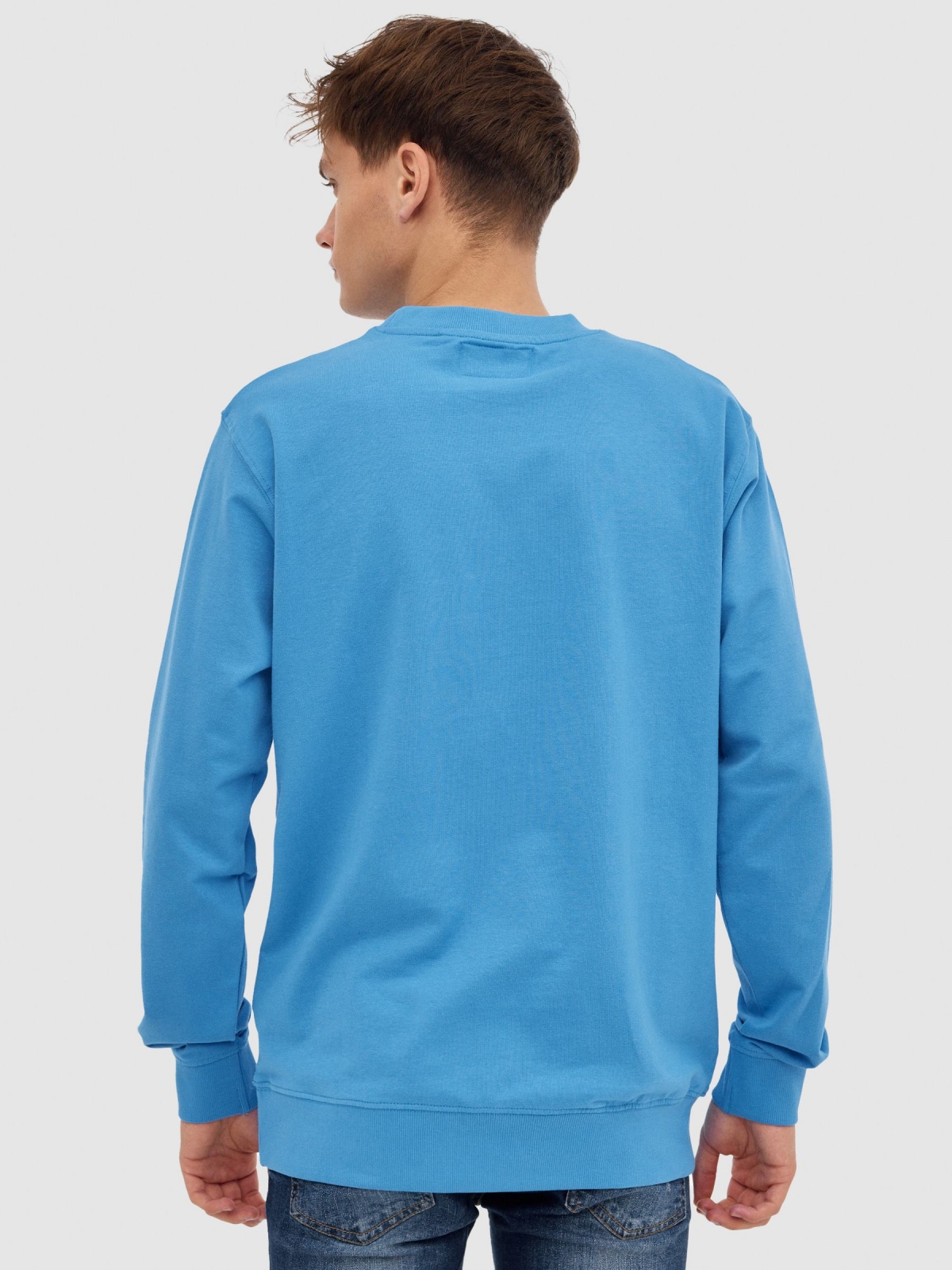 INSIDE hoodless sweatshirt blue middle back view