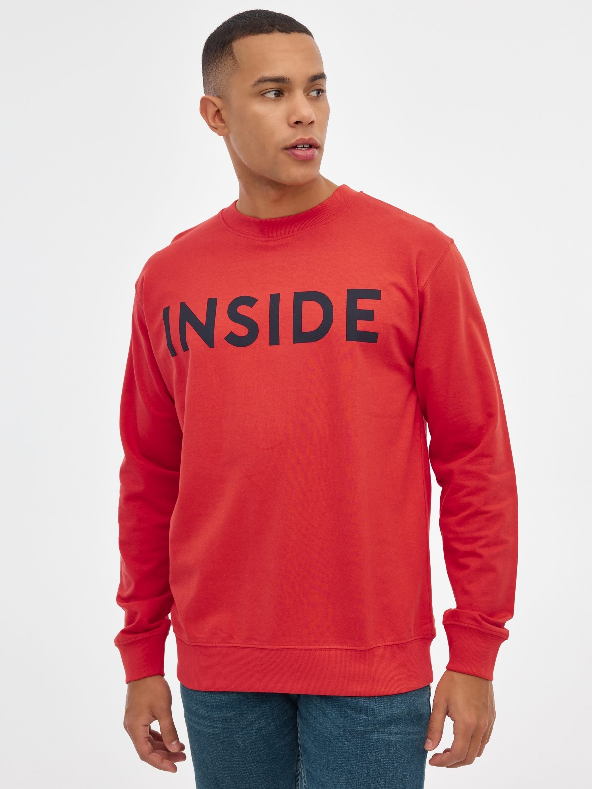 INSIDE hoodless sweatshirt red middle front view