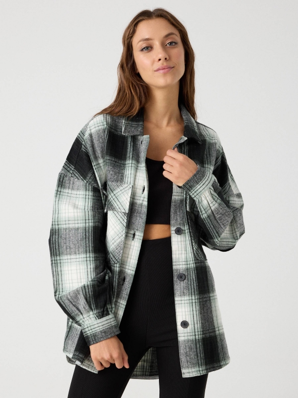Plaid overshirt green middle front view