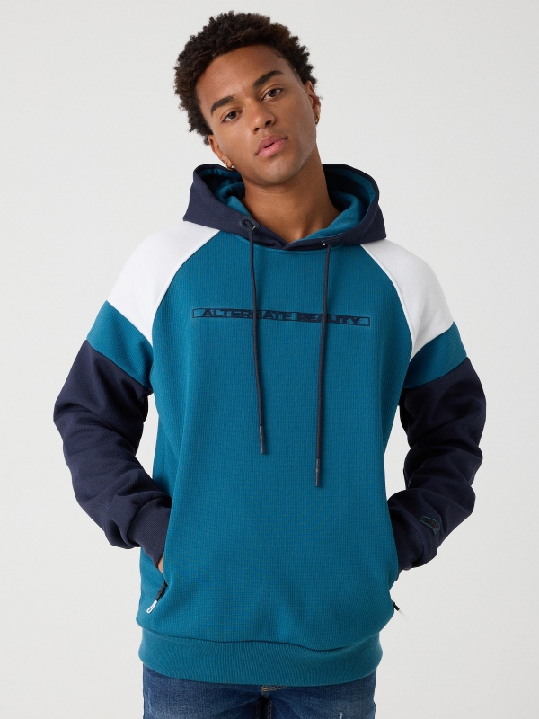 Color block text hoodie blue middle front view