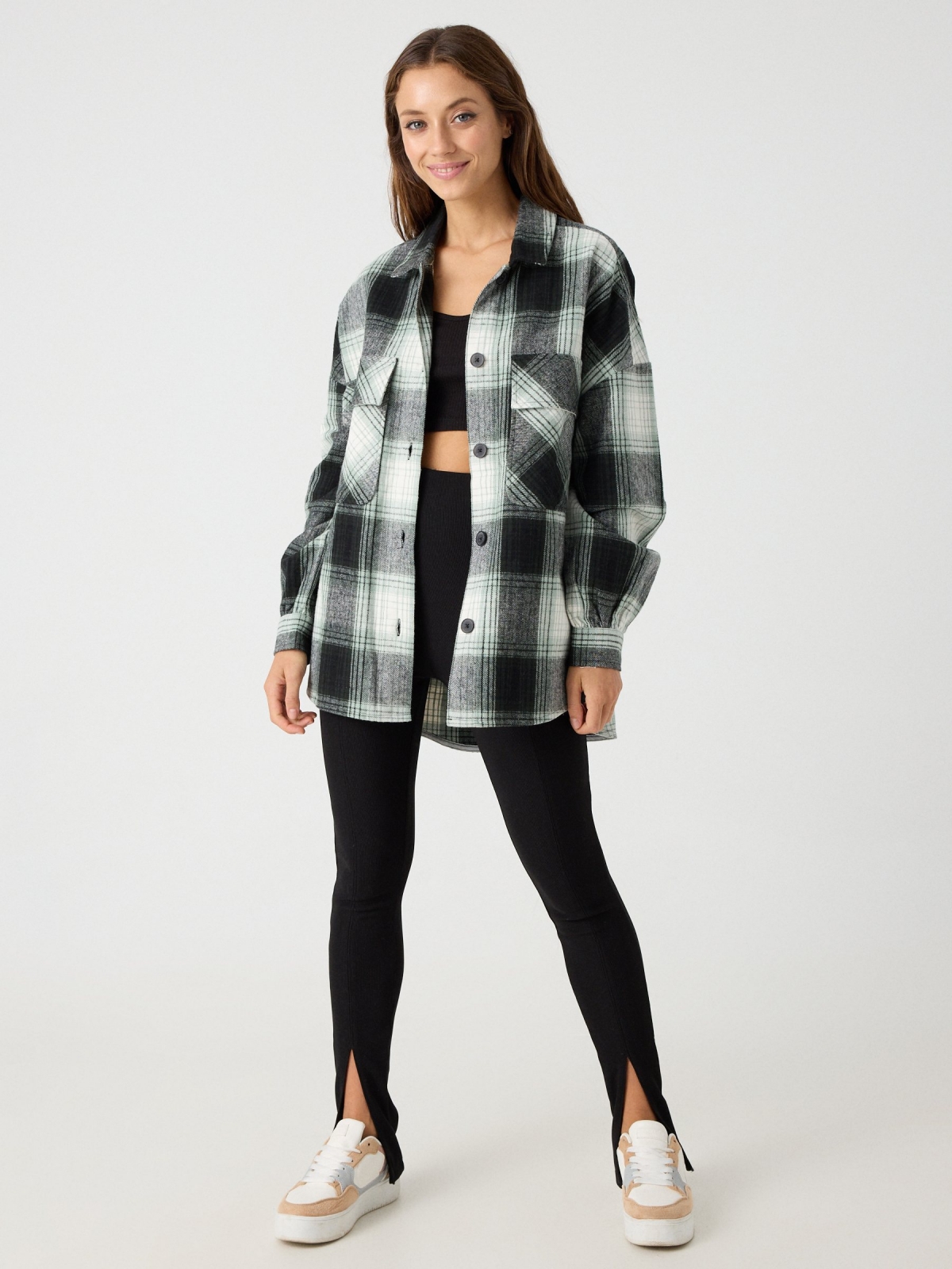 Plaid overshirt green front view