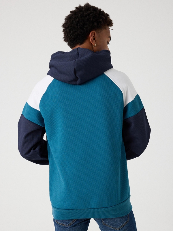 Color block text hoodie blue middle back view