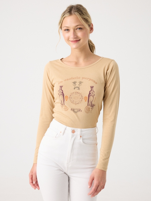 Esoteric print long sleeve t-shirt light brown middle front view