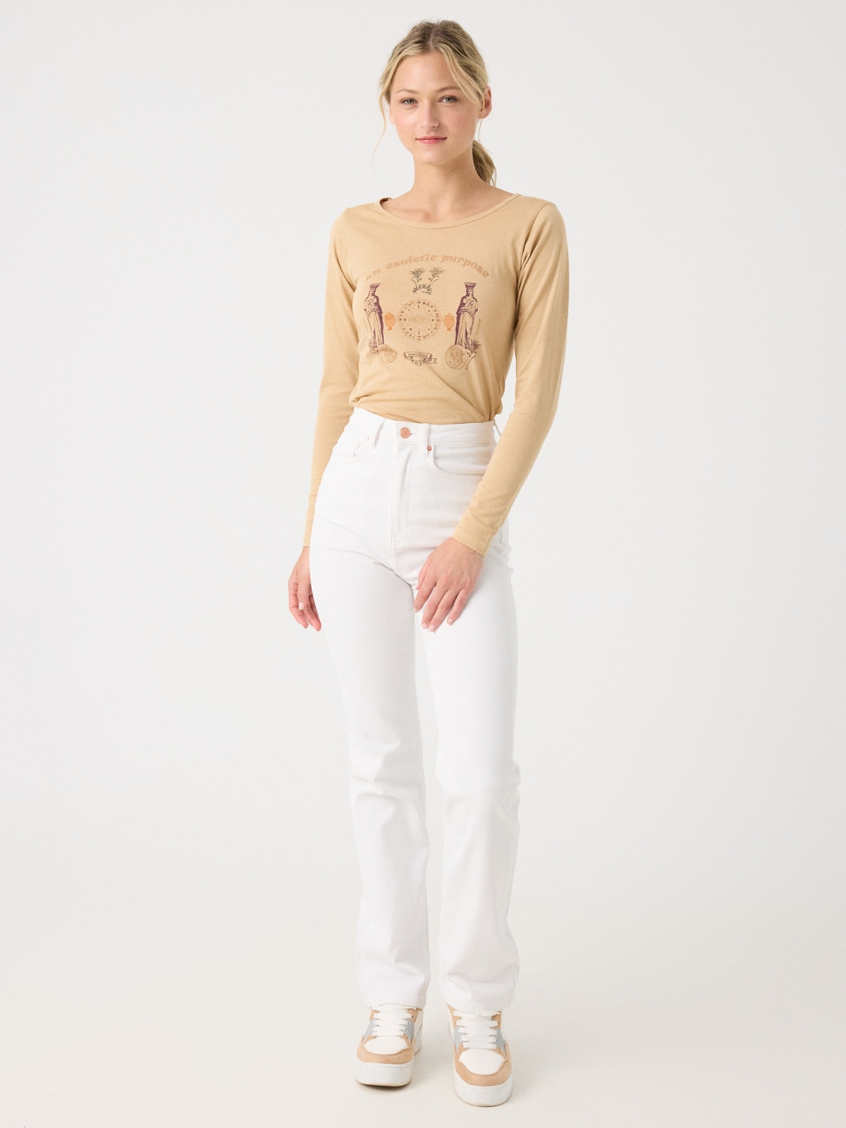 Esoteric print long sleeve t-shirt light brown front view