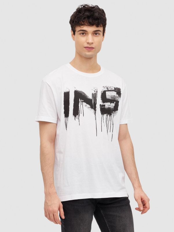 T-shirt com spray INSIDE branco vista meia frontal
