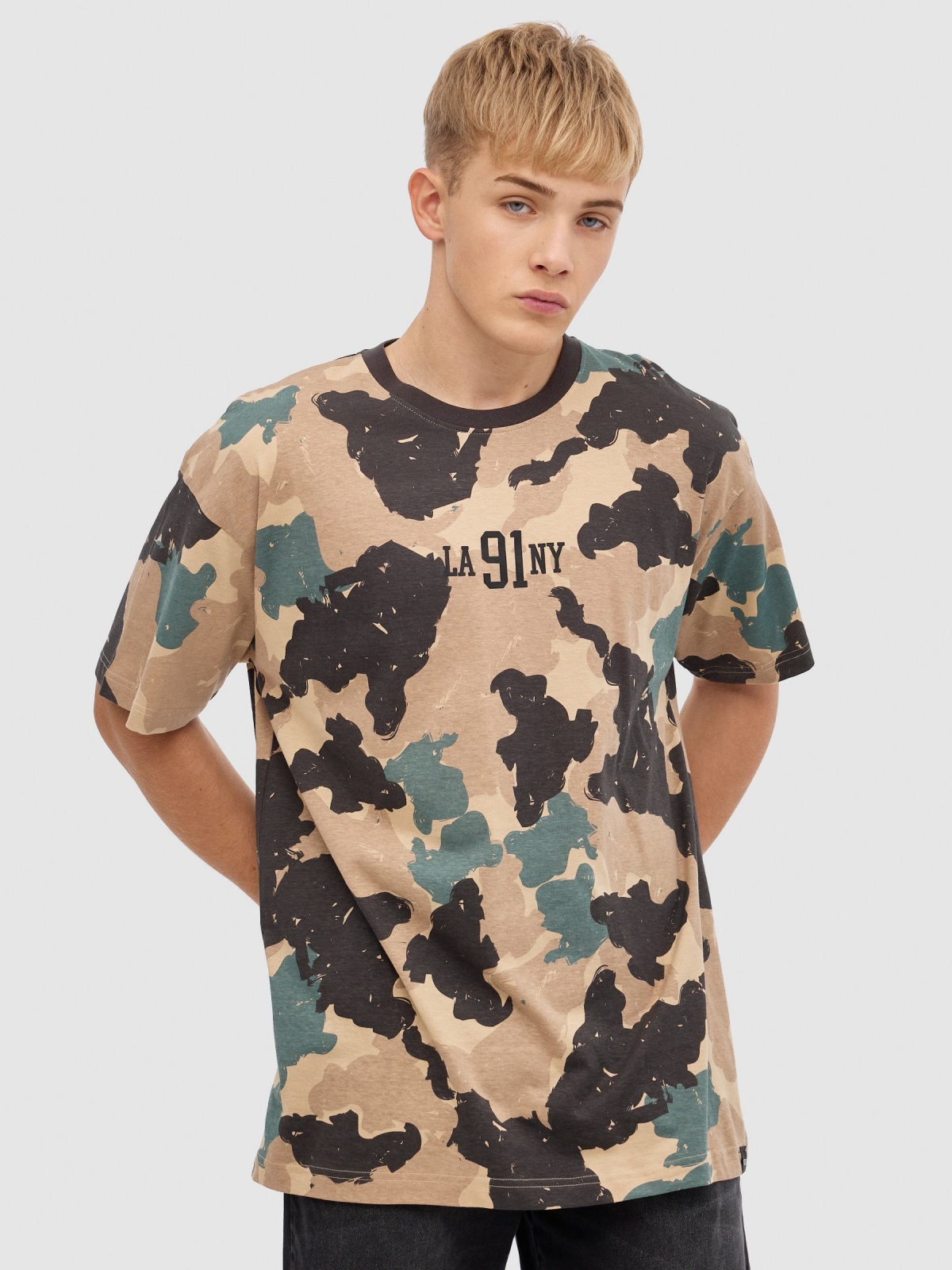 NY camouflage T-shirt sand middle front view