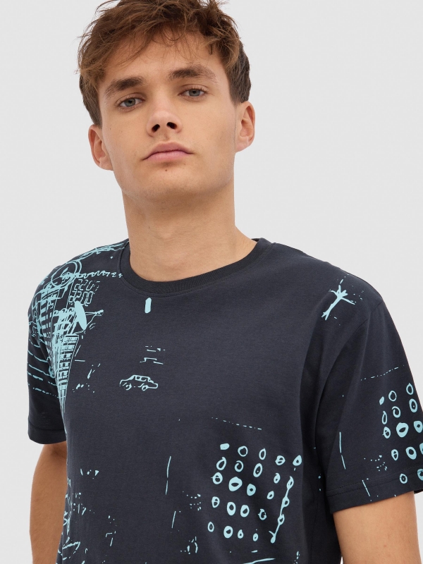 T-shirt com gráfico de caveira cinza escuro vista detalhe