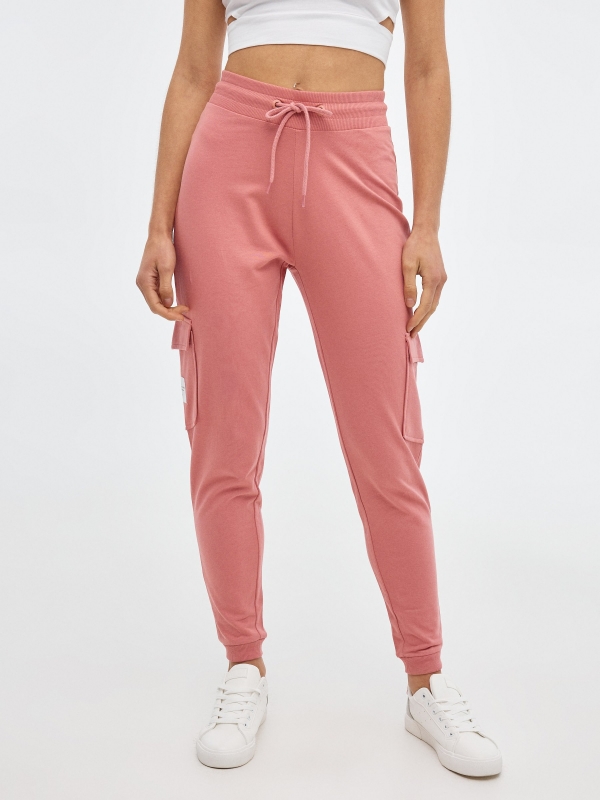 Plush jogger pants nude pink middle front view