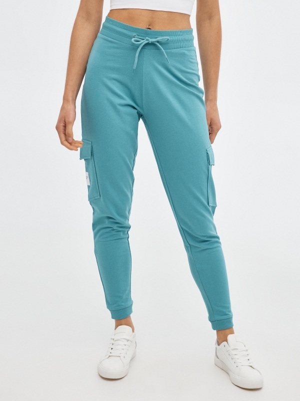 Plush jogger pants teal middle front view