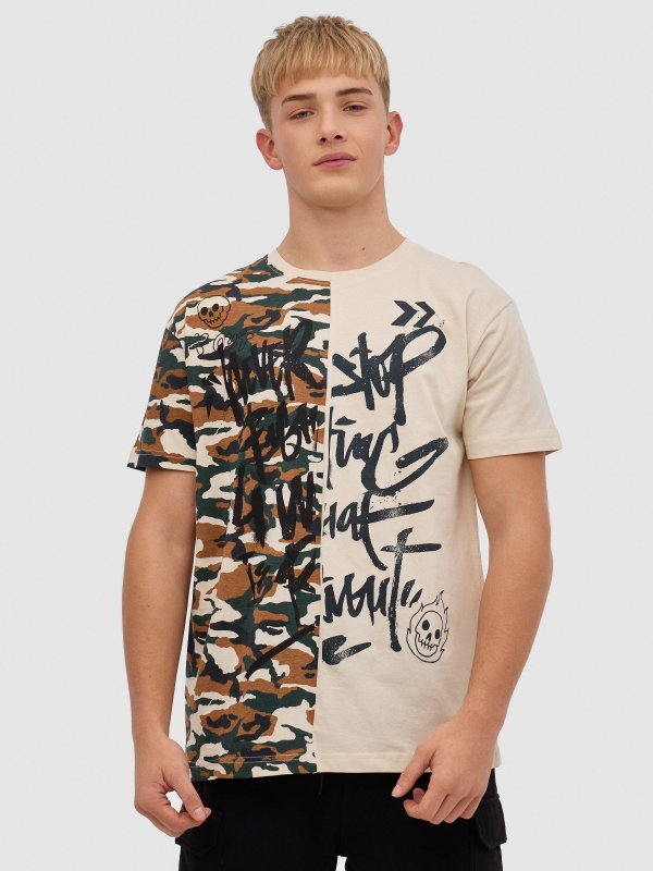 Graffiti camouflage t-shirt sand middle front view