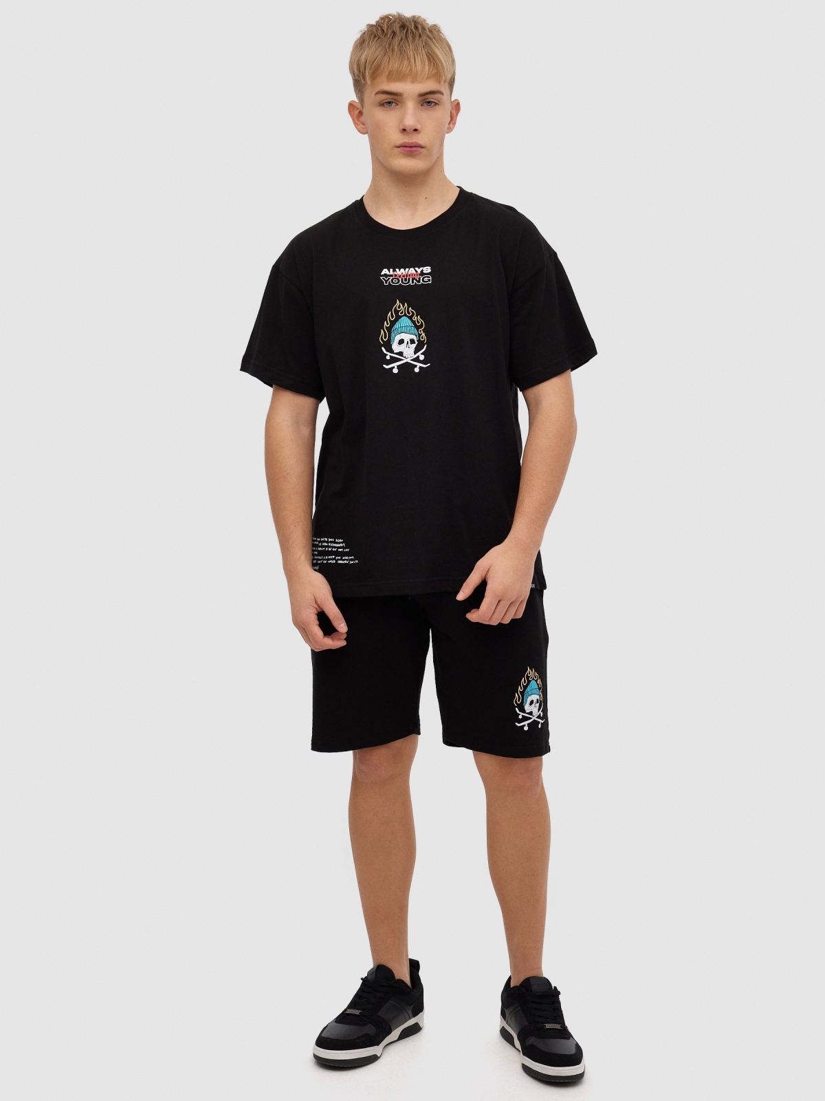 Skateboarder skull t-shirt black front view
