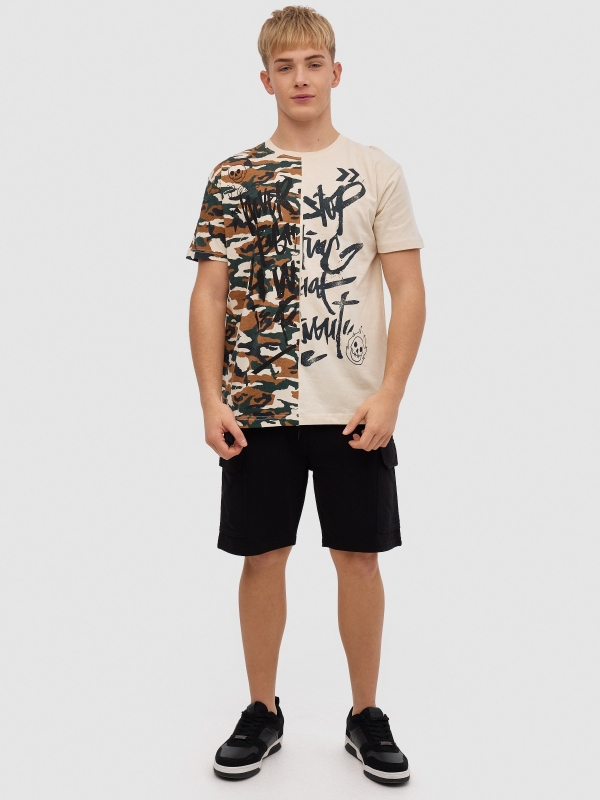 Graffiti camouflage t-shirt sand front view