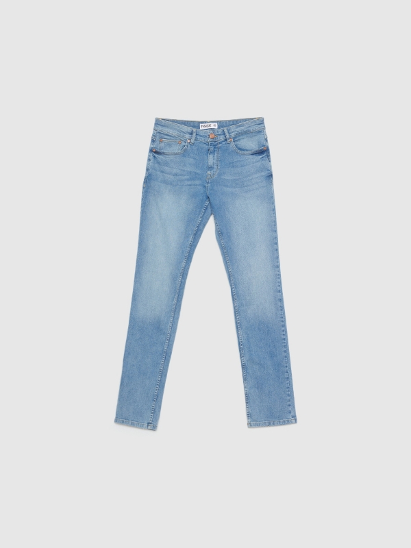  Calça jeans regular fit azul claro lavagem fraca da coxa azul
