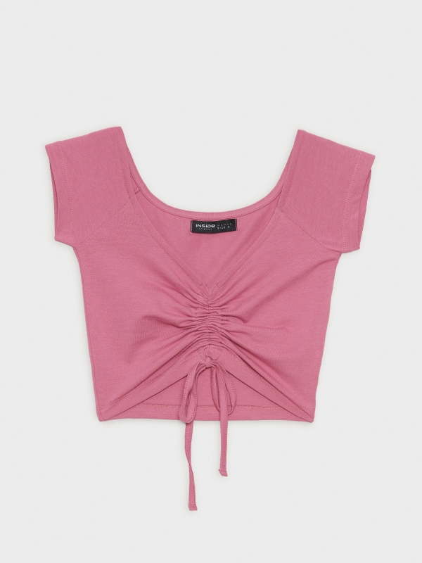  Camiseta curta com franzido rosa pó