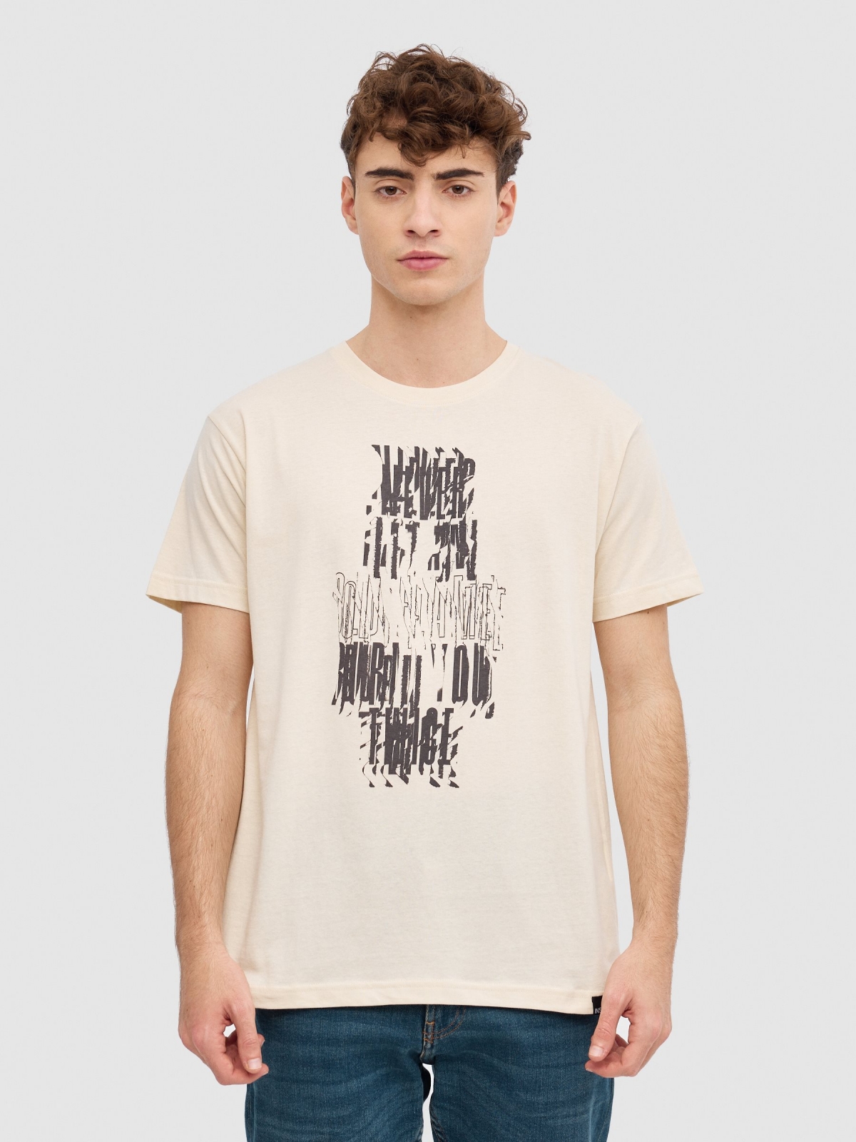 T-shirt com texto de caveira areia vista meia frontal