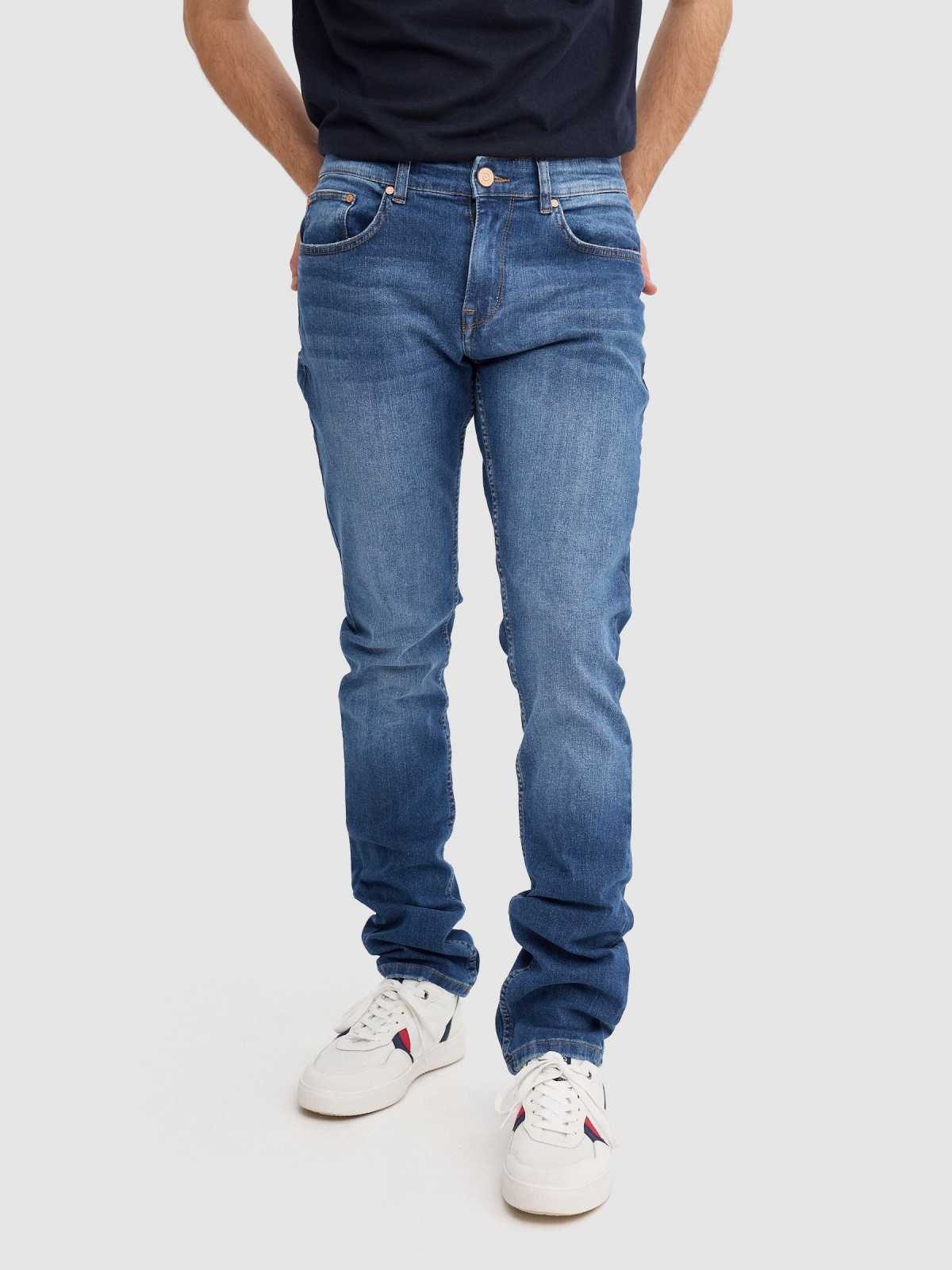 Indigo thigh washed slim jeans blue middle front view
