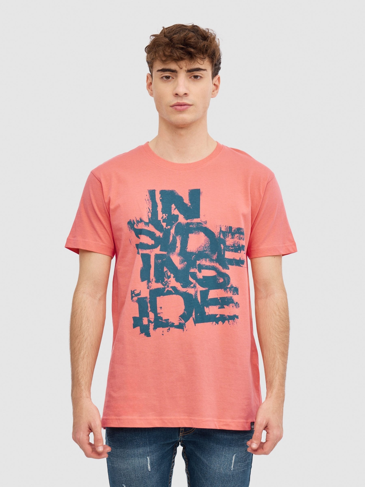 T-shirt com logótipo INSIDE rosa vista meia frontal