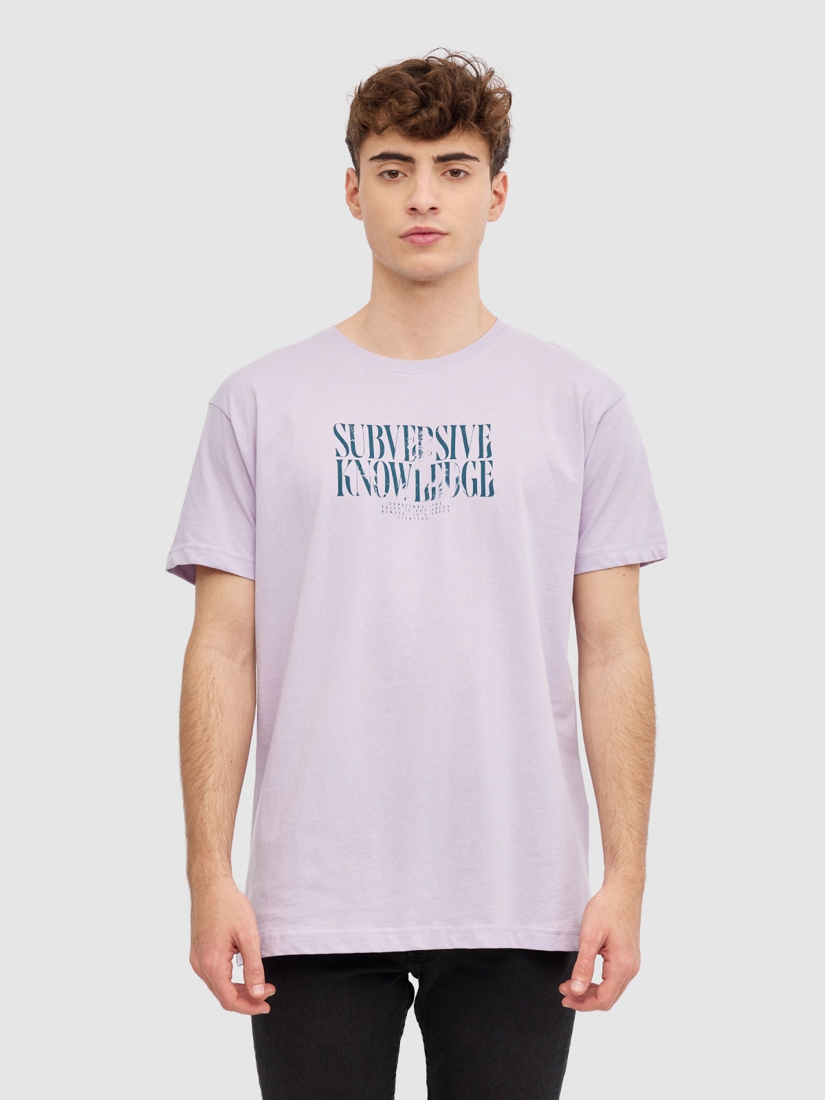Minimalist text t-shirt purple middle front view