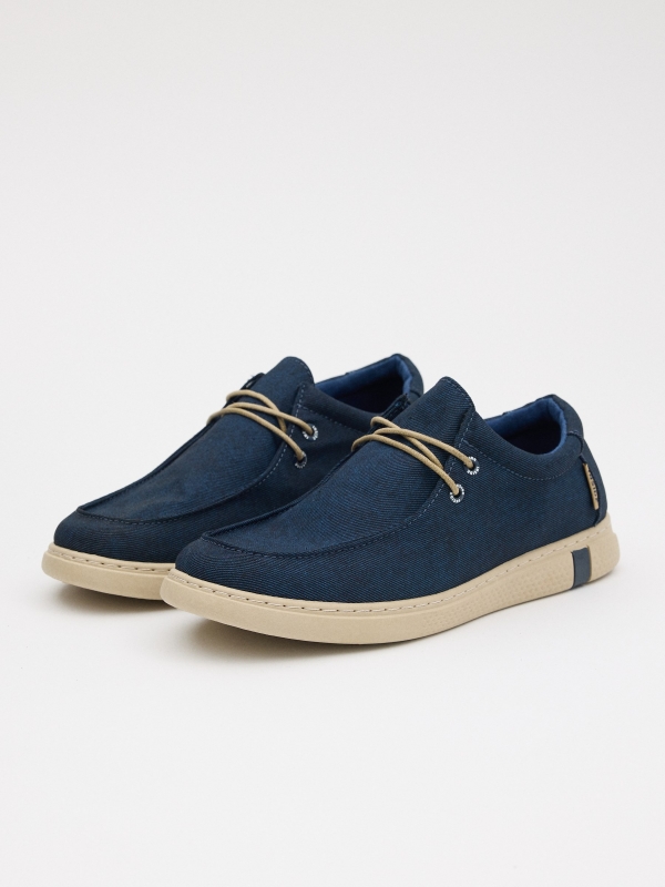 Casual navy canvas shoes petrol blue 45º front view
