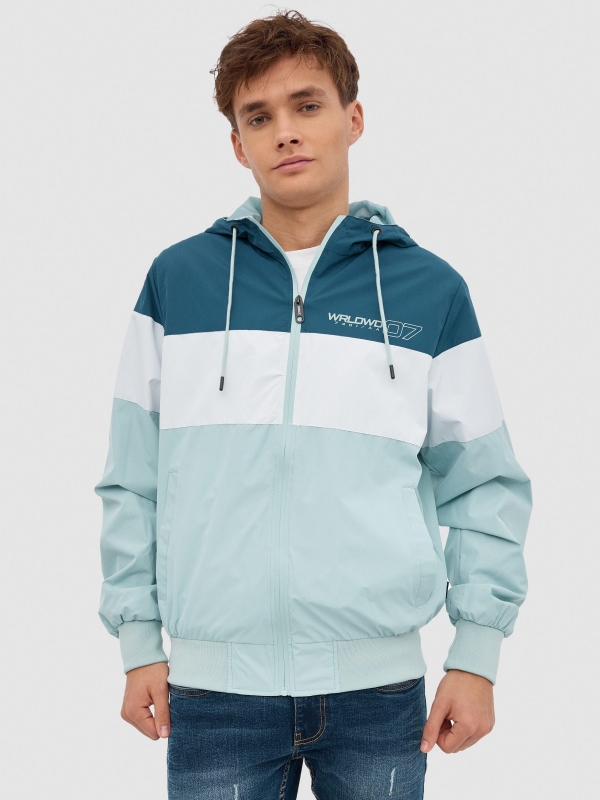 Nylon jacket with hood green middle front view