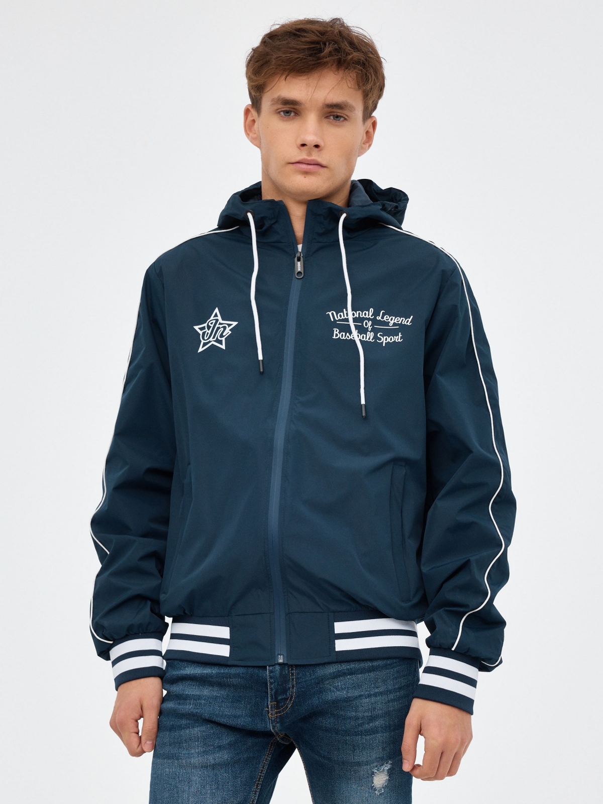 Nylon jacket with hood navy middle front view