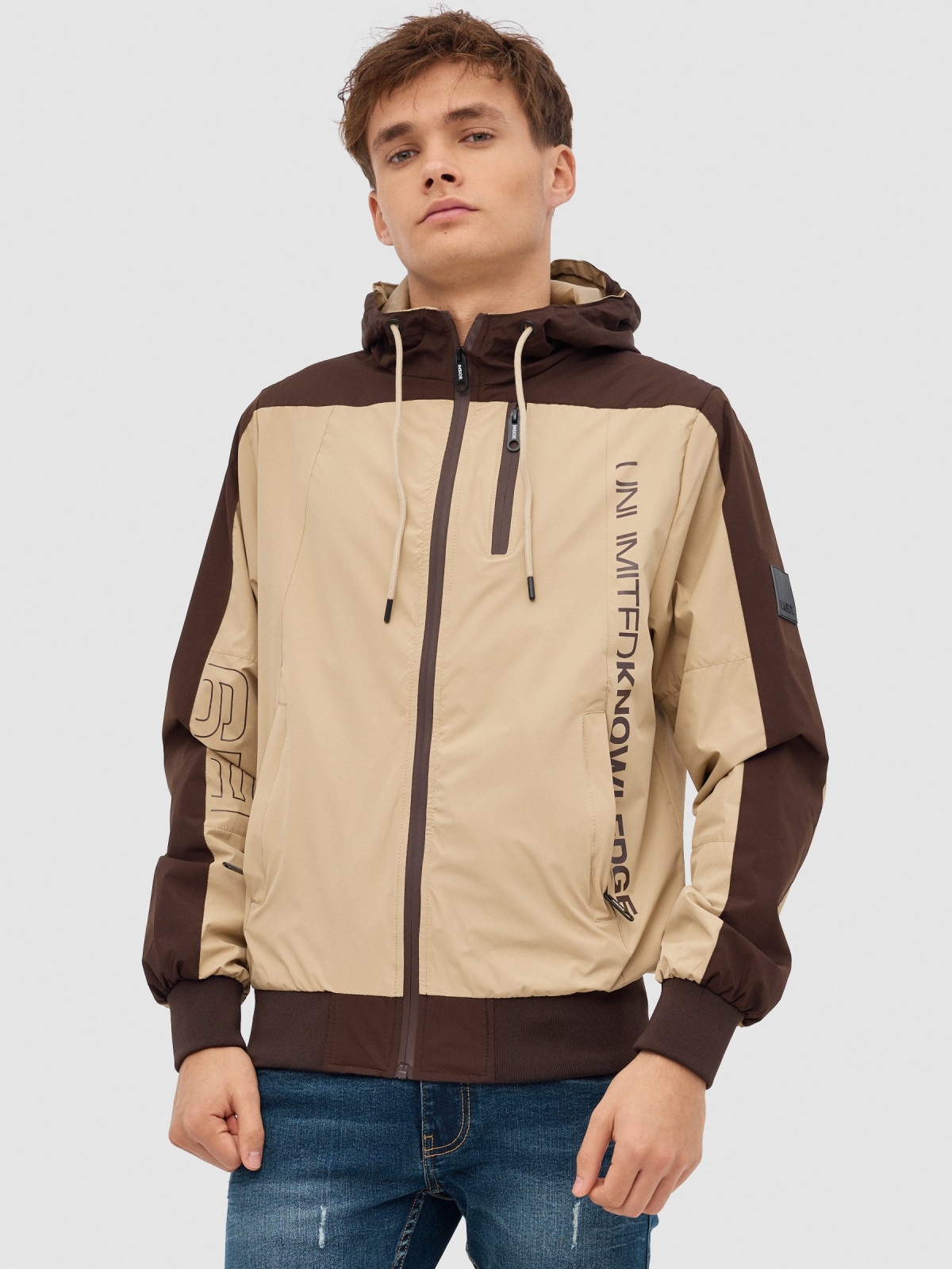 Nylon jacket with hood sand middle front view