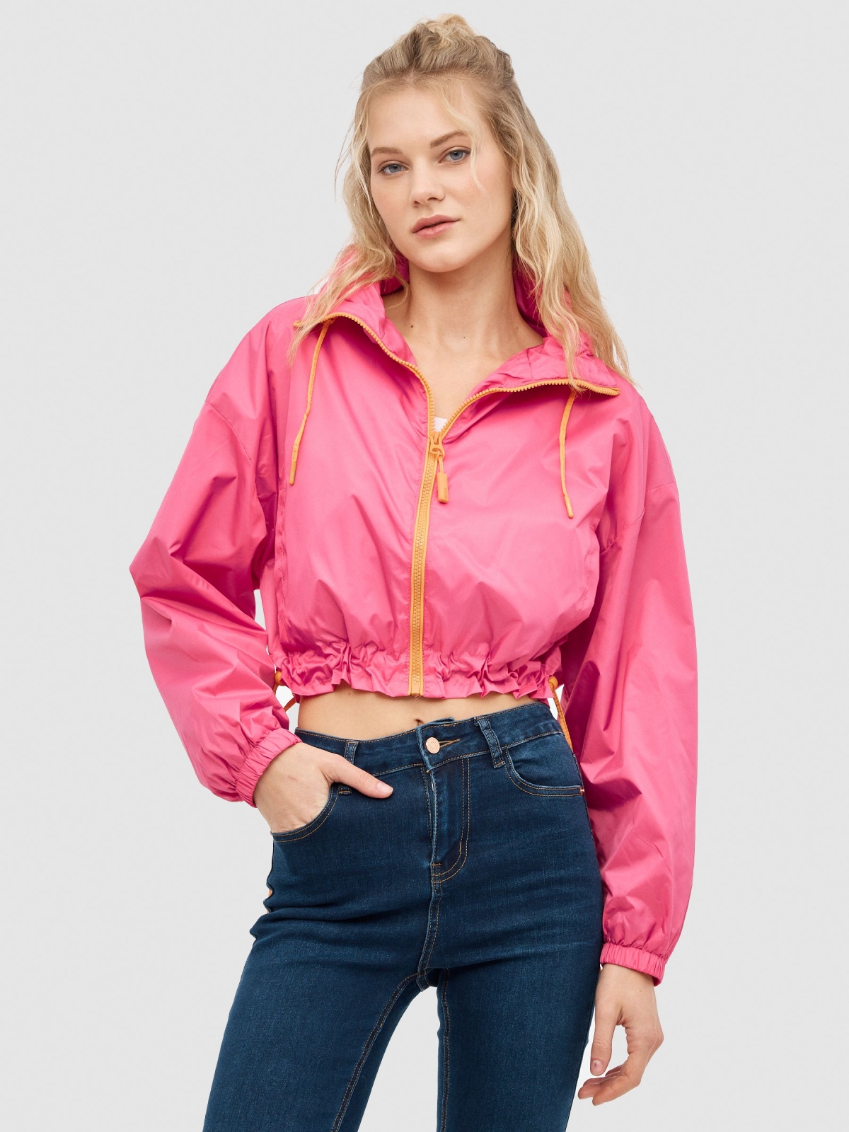 Fuchsia nylon jacket magenta pink middle front view