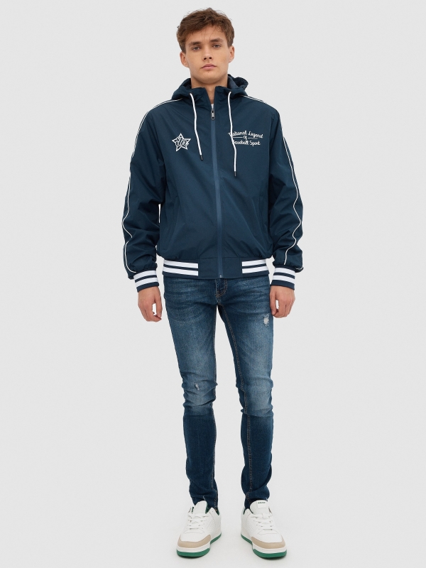 Nylon jacket with hood navy front view