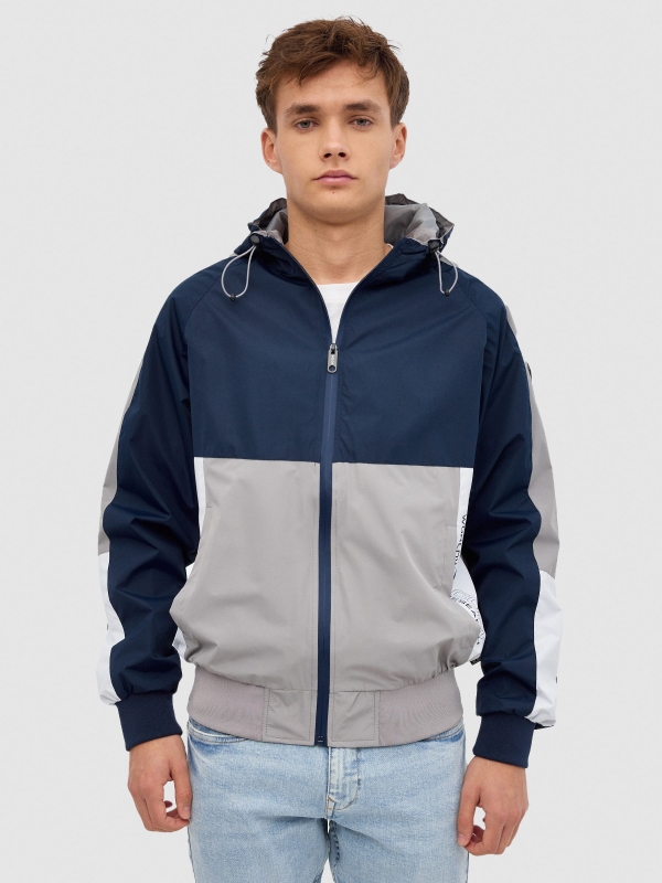 Lightweight hooded jacket navy middle front view