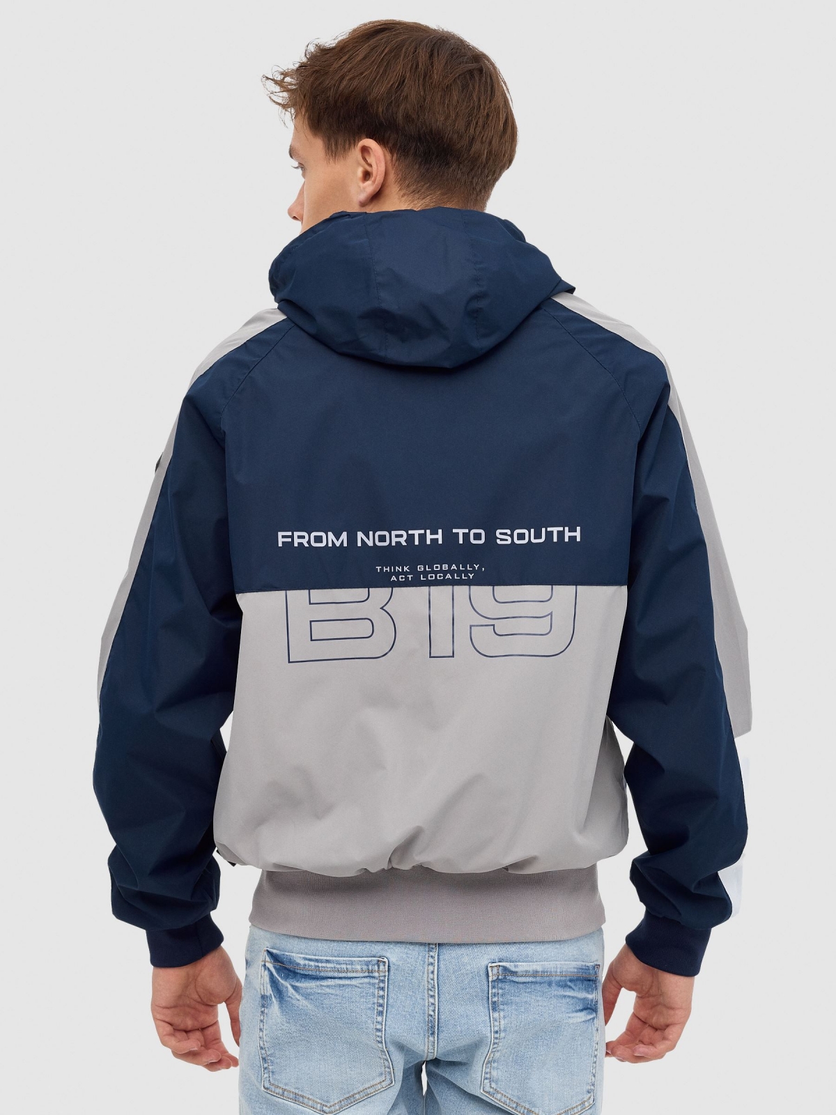 Lightweight hooded jacket navy middle back view