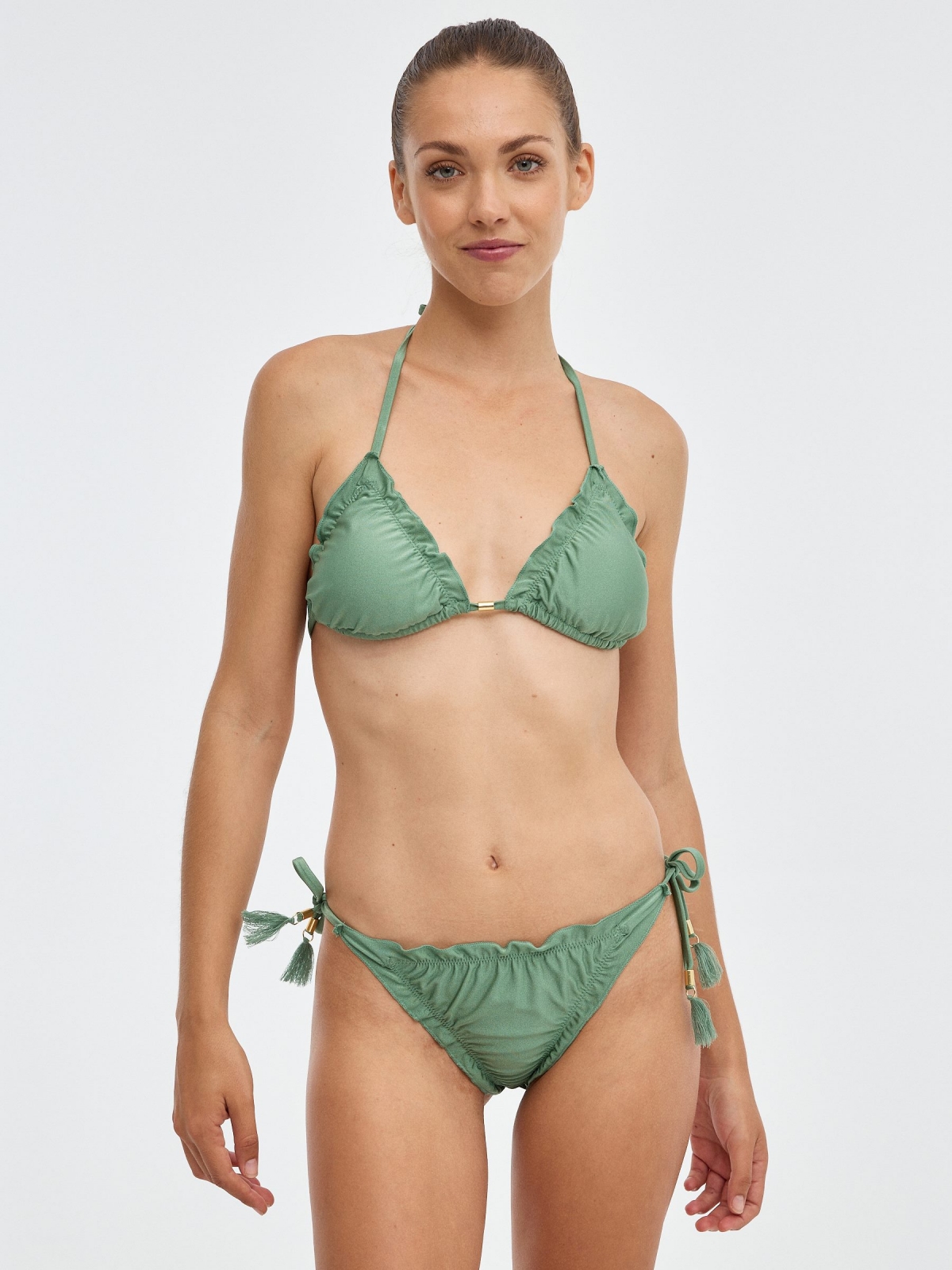 Braguita bikini efecto metalizado verde mar vista media frontal