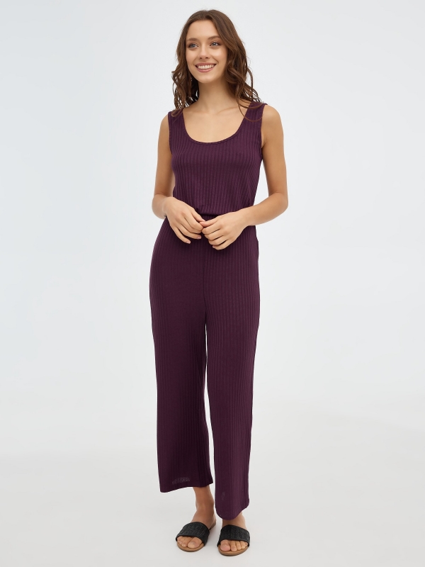 Ribbed strappy jumpsuit aubergine front view