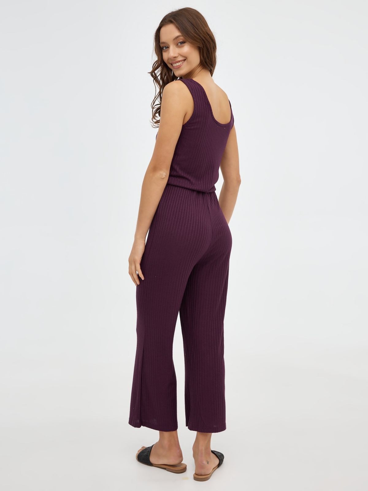 Ribbed strappy jumpsuit aubergine middle front view